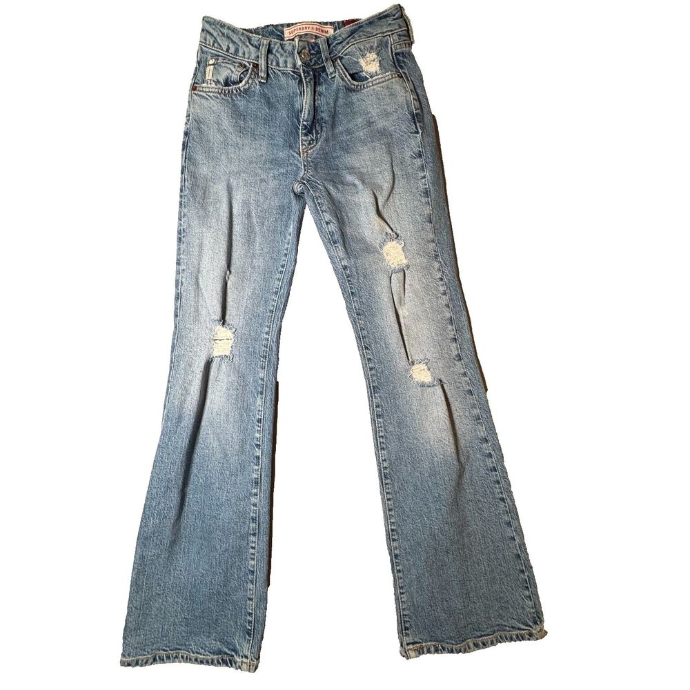 Superdry Denim Womens 26 Bootcut Jeans Distressed Light Wash Organic Cotton Mid